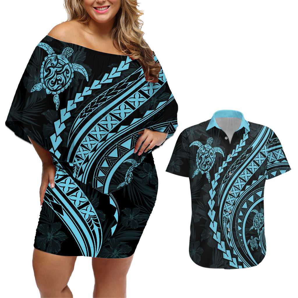Polynesian Pride Couples Matching Off Shoulder Short Dress and Hawaiian Shirt Turtle Hibiscus Luxury Style - Aquamarine LT7 Aquamarine - Polynesian Pride