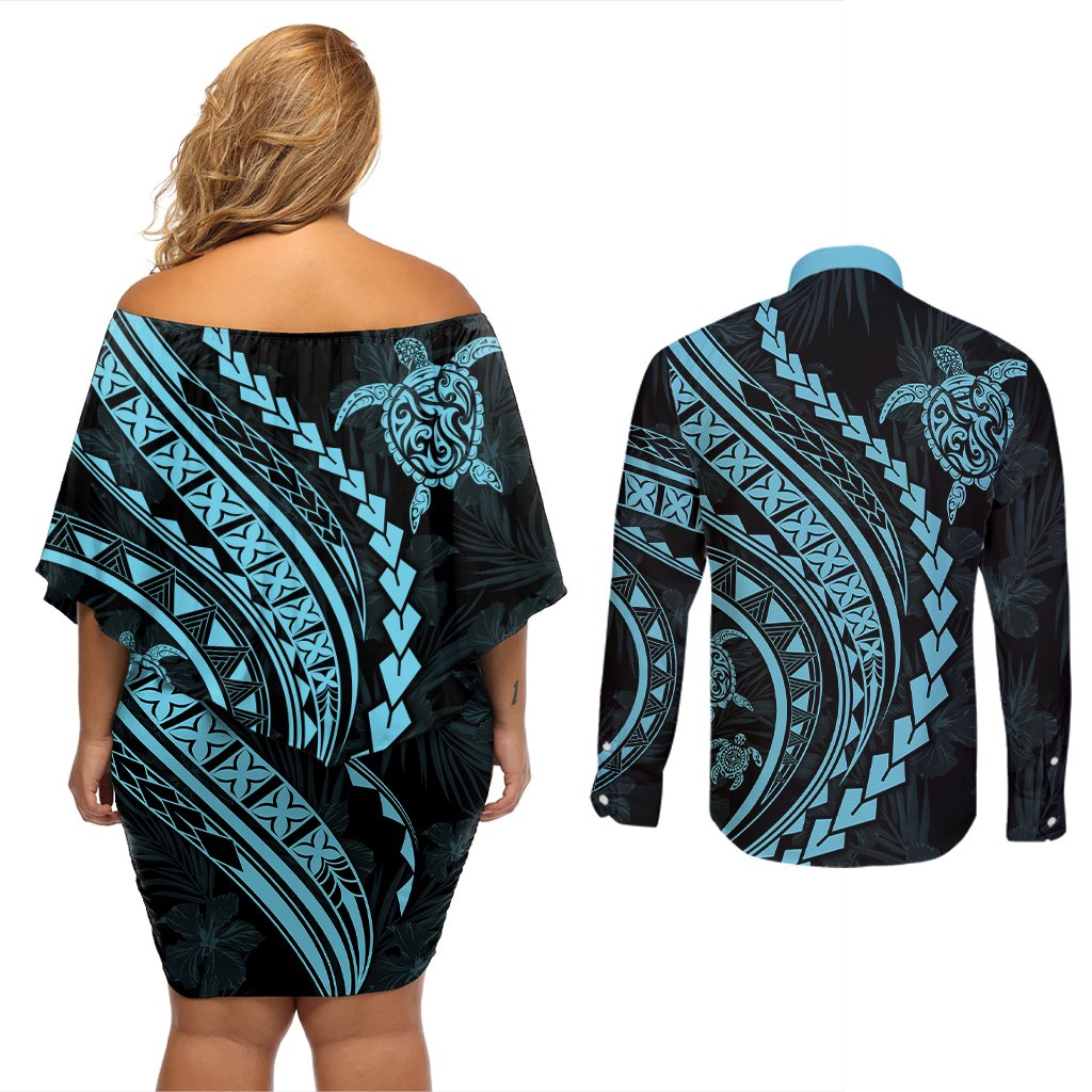 Polynesian Pride Couples Matching Off Shoulder Short Dress and Long Sleeve Button Shirts Turtle Hibiscus Luxury Style - Aquamarine LT7 - Polynesian Pride