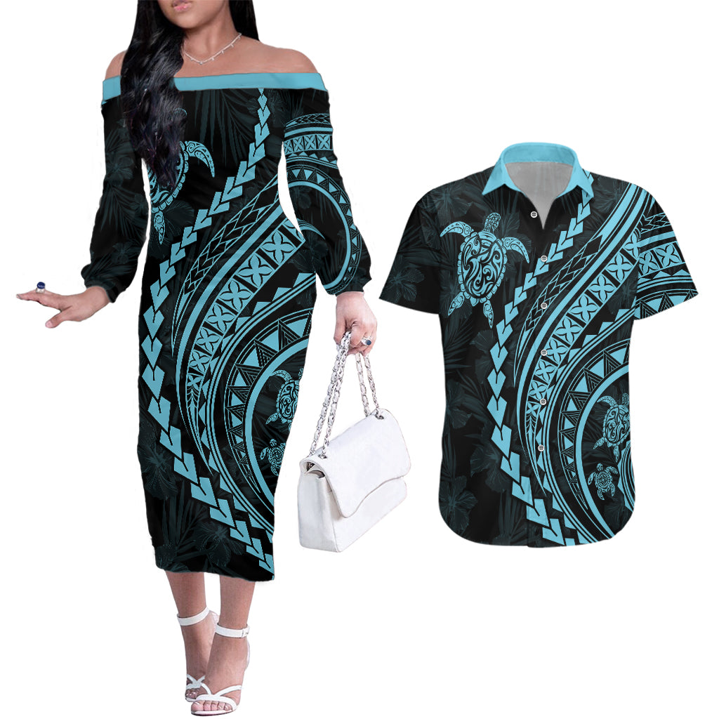 Polynesian Pride Couples Matching Off The Shoulder Long Sleeve Dress and Hawaiian Shirt Turtle Hibiscus Luxury Style - Aquamarine LT7 Aquamarine - Polynesian Pride