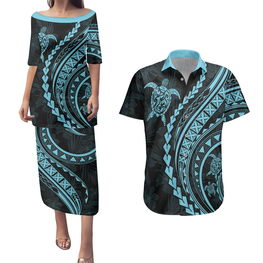 Polynesian Pride Couples Matching Puletasi Dress and Hawaiian Shirt Turtle Hibiscus Luxury Style - Aquamarine LT7 Aquamarine - Polynesian Pride