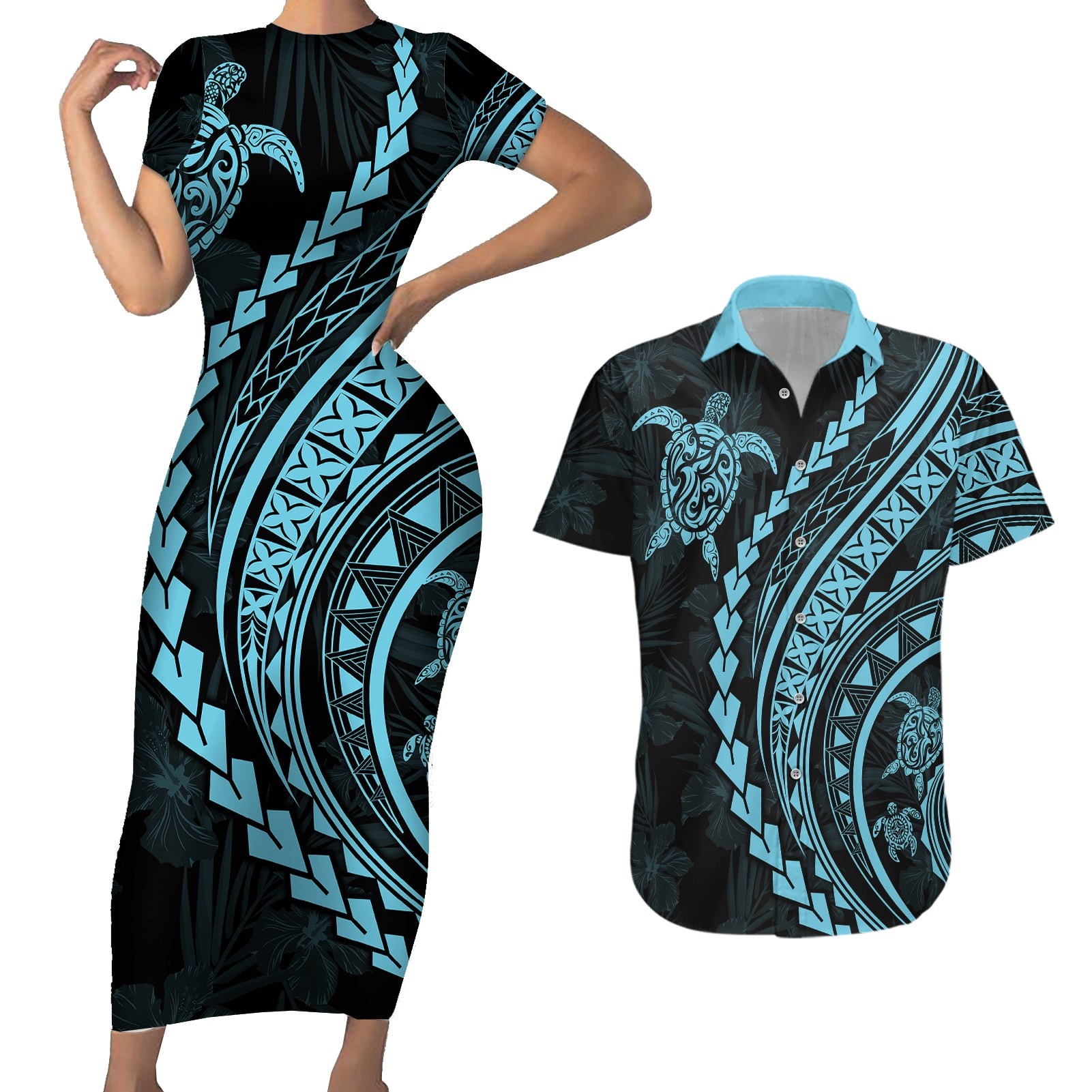 Polynesian Pride Couples Matching Short Sleeve Bodycon Dress and Hawaiian Shirt Turtle Hibiscus Luxury Style - Aquamarine LT7 Aquamarine - Polynesian Pride