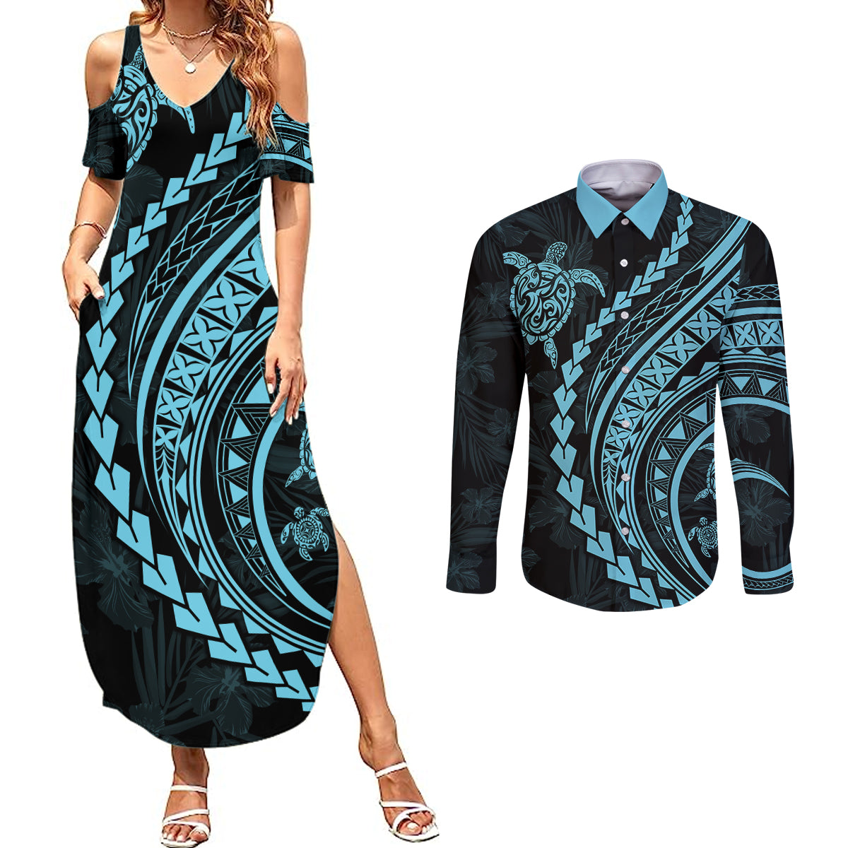 Polynesian Pride Couples Matching Summer Maxi Dress and Long Sleeve Button Shirts Turtle Hibiscus Luxury Style - Aquamarine LT7 Aquamarine - Polynesian Pride