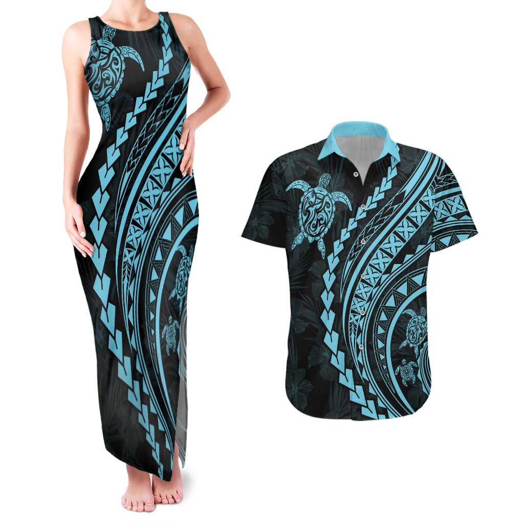 Polynesian Pride Couples Matching Tank Maxi Dress and Hawaiian Shirt Turtle Hibiscus Luxury Style - Aquamarine LT7 Aquamarine - Polynesian Pride
