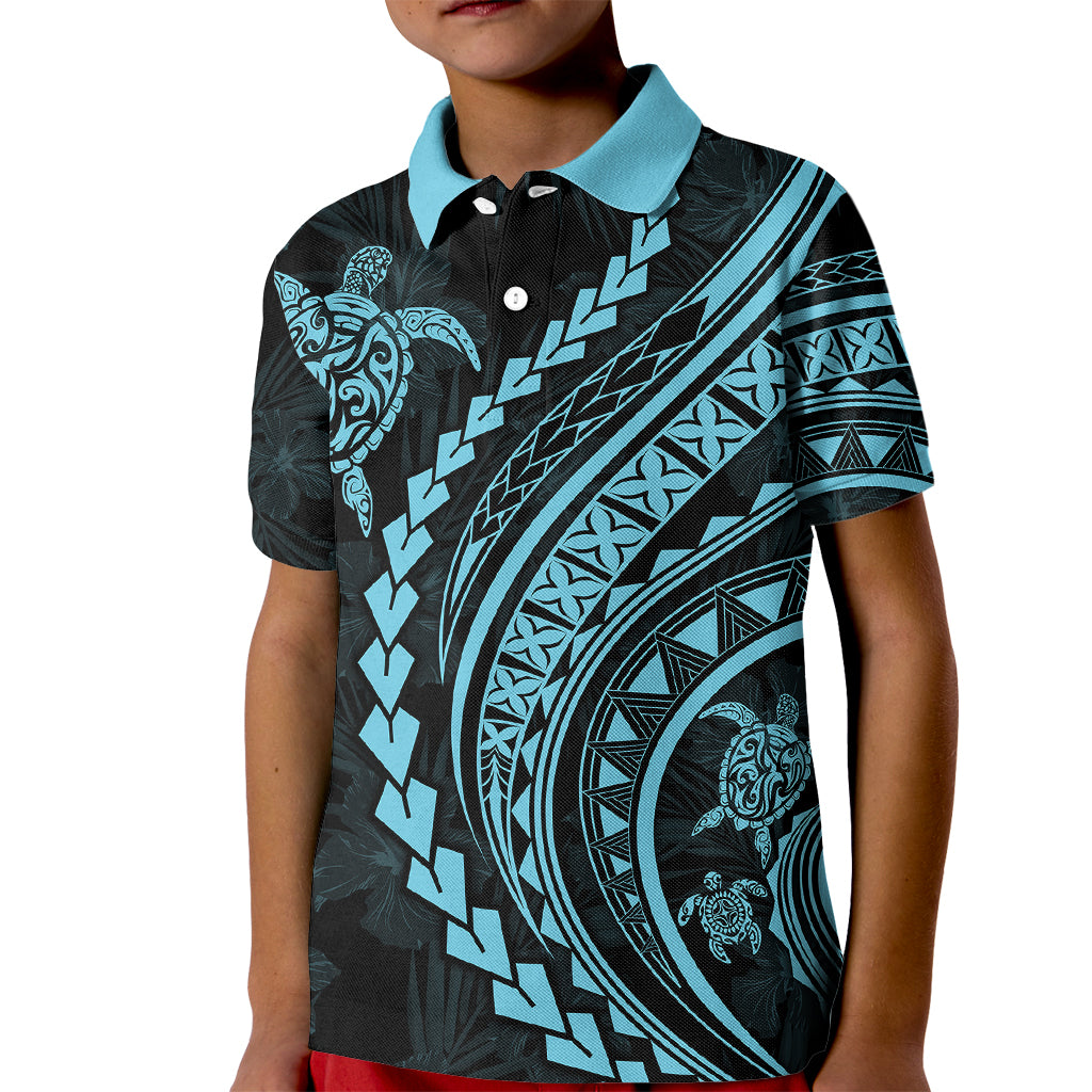 Polynesian Pride Kid Polo Shirt Turtle Hibiscus Luxury Style - Aquamarine LT7 Kid Aquamarine - Polynesian Pride