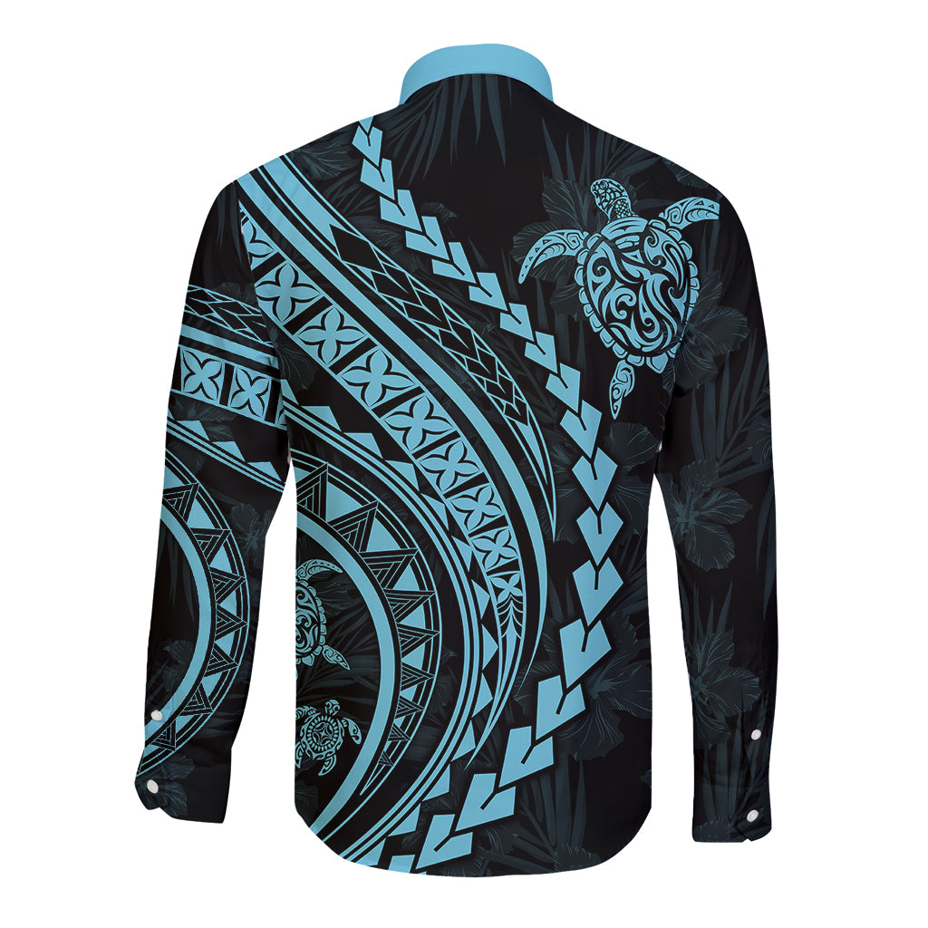 Polynesian Pride Long Sleeve Button Shirt Turtle Hibiscus Luxury Style - Aquamarine LT7 - Polynesian Pride