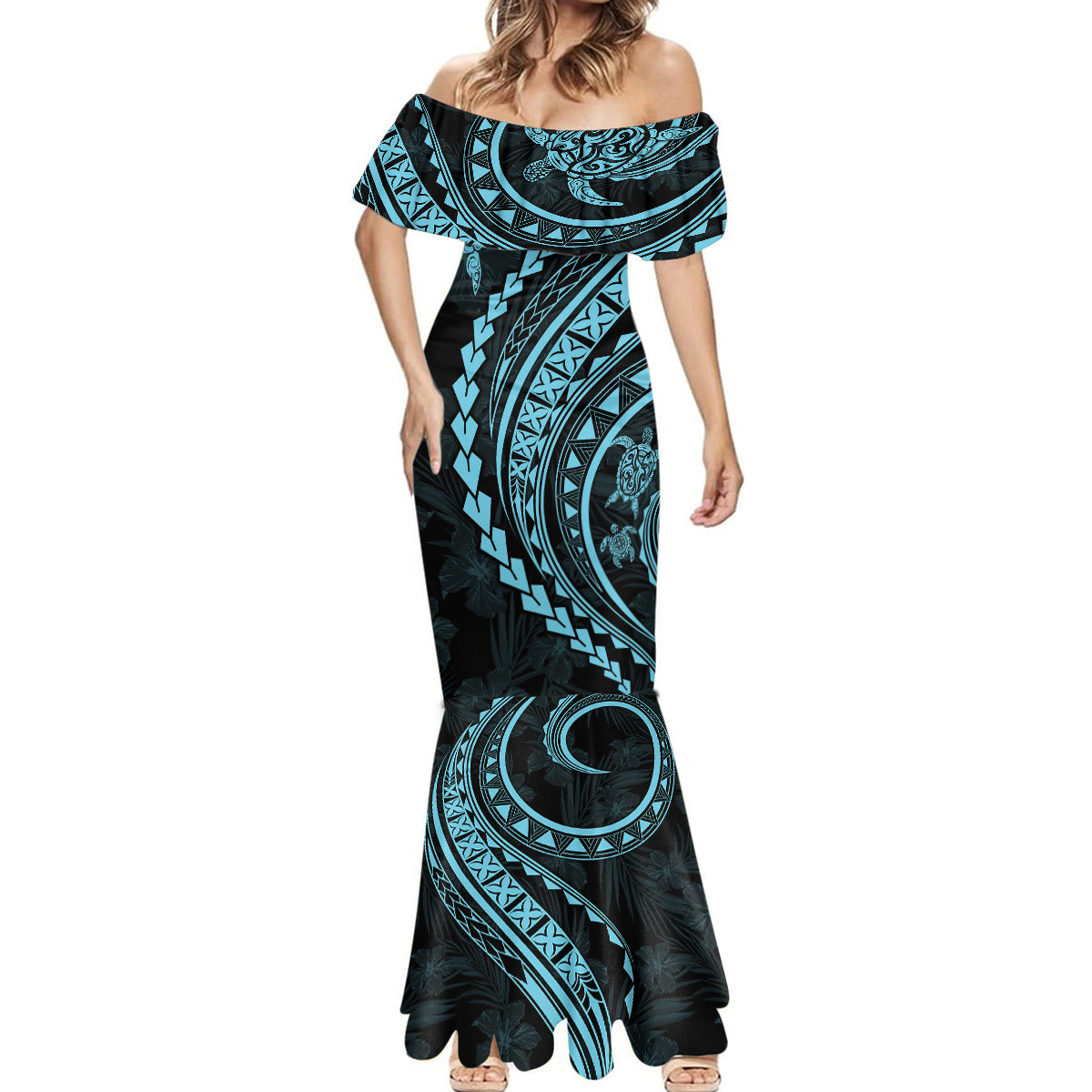 Polynesian Pride Mermaid Dress Turtle Hibiscus Luxury Style - Aquamarine LT7 - Polynesian Pride