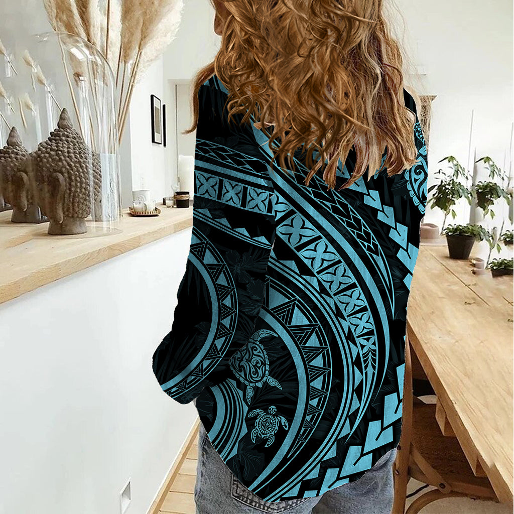 Polynesian Pride Women Casual Shirt Turtle Hibiscus Luxury Style - Aquamarine LT7 - Polynesian Pride