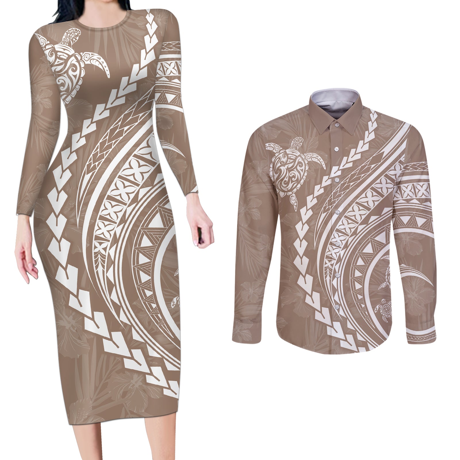 Polynesian Pride Couples Matching Long Sleeve Bodycon Dress and Long Sleeve Button Shirts Turtle Hibiscus Luxury Style - Beige LT7 Beige - Polynesian Pride