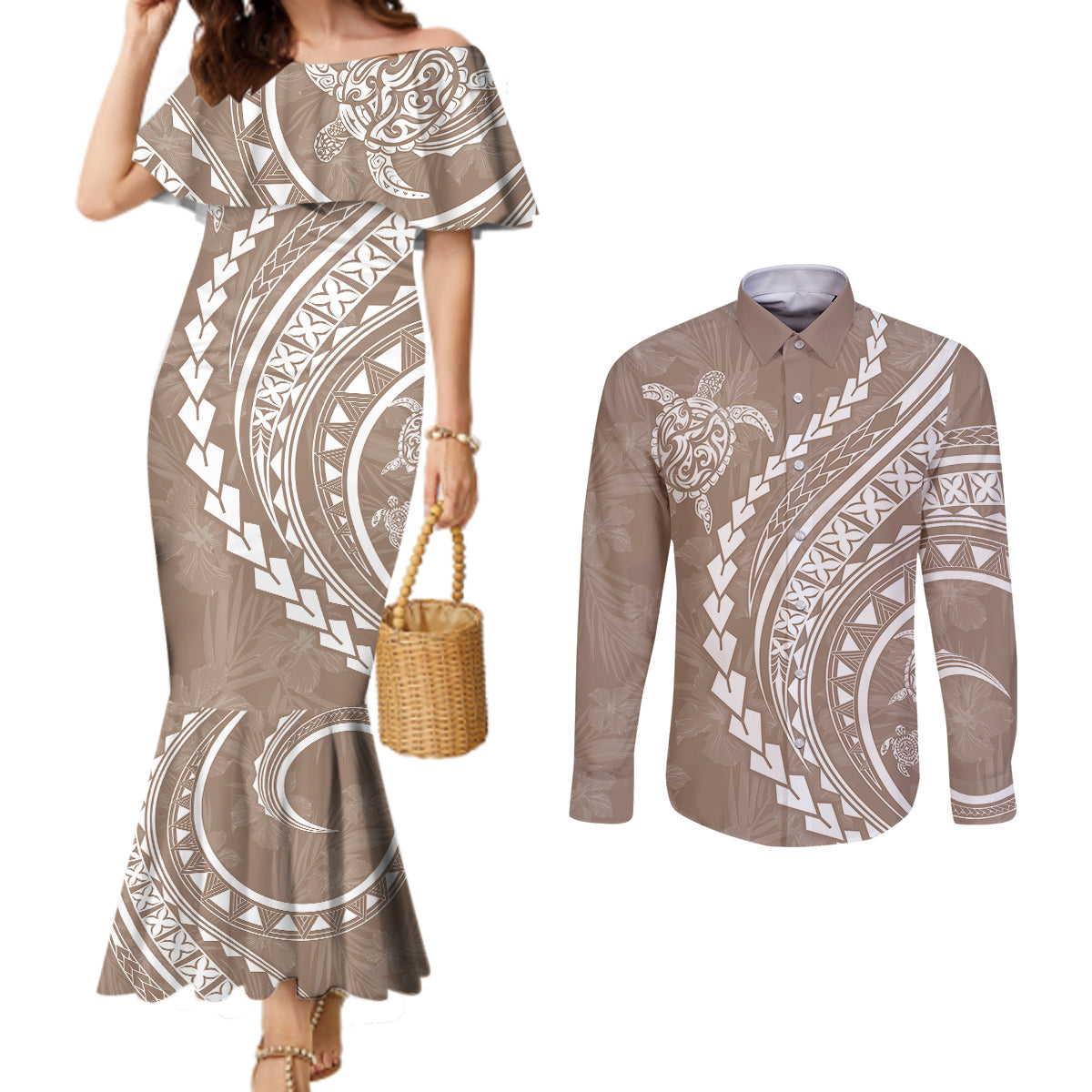 Polynesian Pride Couples Matching Mermaid Dress and Long Sleeve Button Shirts Turtle Hibiscus Luxury Style - Beige LT7 Beige - Polynesian Pride