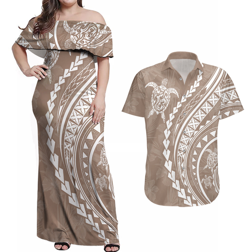 Polynesian Pride Couples Matching Off Shoulder Maxi Dress and Hawaiian Shirt Turtle Hibiscus Luxury Style - Beige LT7 Beige - Polynesian Pride