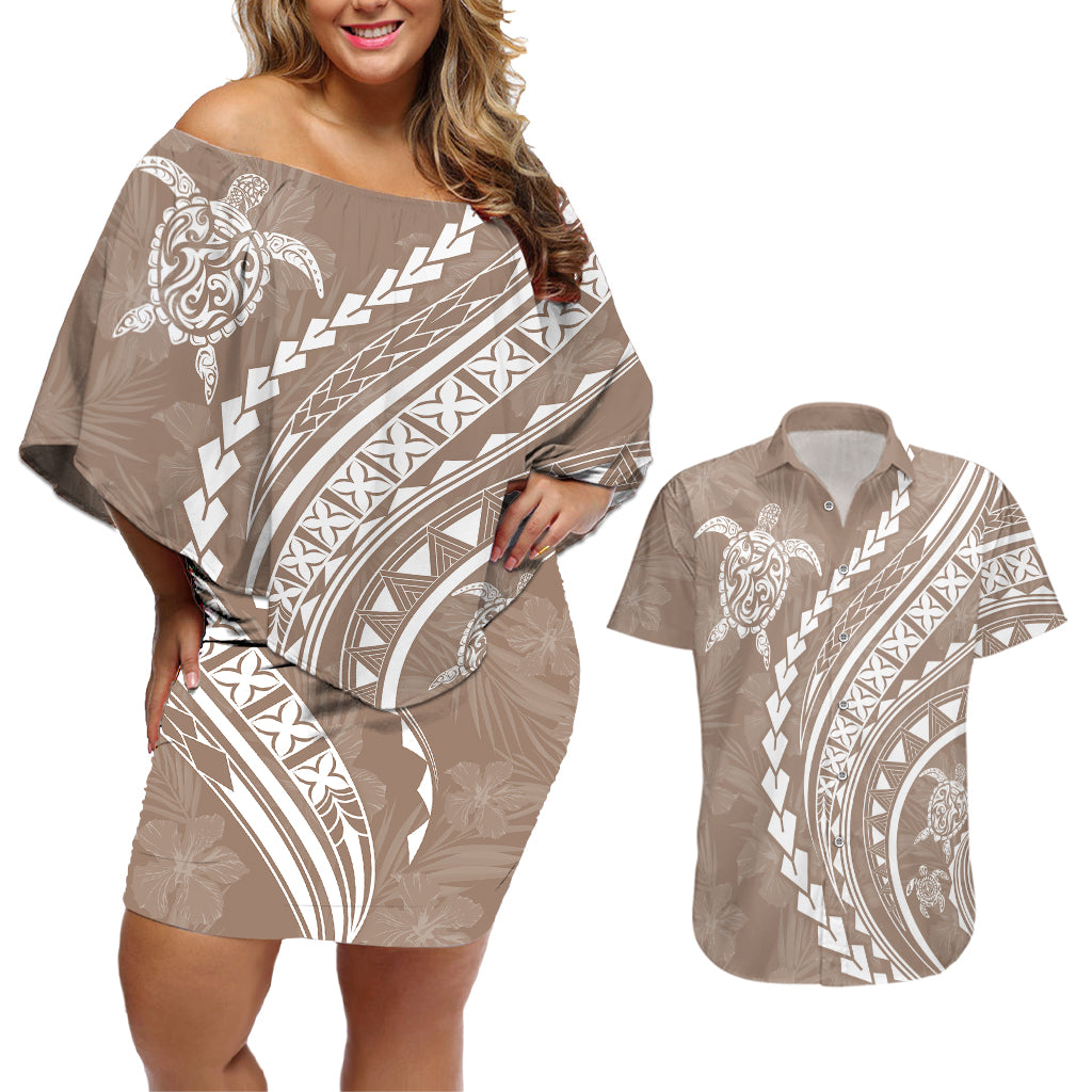 Polynesian Pride Couples Matching Off Shoulder Short Dress and Hawaiian Shirt Turtle Hibiscus Luxury Style - Beige LT7 Beige - Polynesian Pride