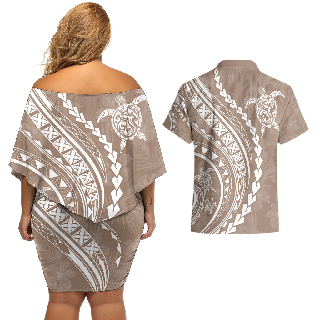 Polynesian Pride Couples Matching Off Shoulder Short Dress and Hawaiian Shirt Turtle Hibiscus Luxury Style - Beige LT7 - Polynesian Pride