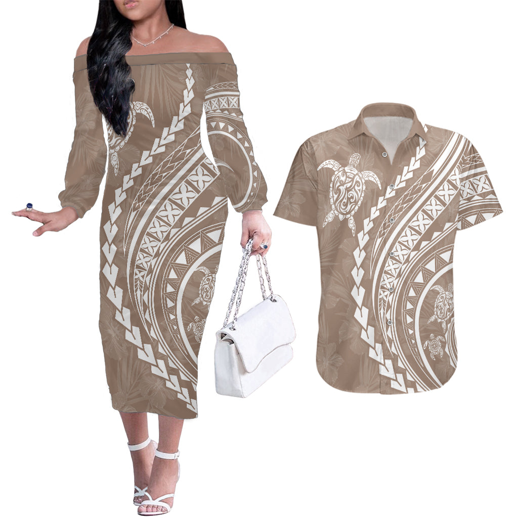 Polynesian Pride Couples Matching Off The Shoulder Long Sleeve Dress and Hawaiian Shirt Turtle Hibiscus Luxury Style - Beige LT7 Beige - Polynesian Pride