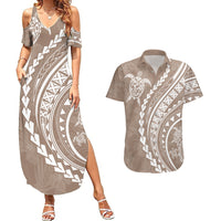 Polynesian Pride Couples Matching Summer Maxi Dress and Hawaiian Shirt Turtle Hibiscus Luxury Style - Beige LT7 Beige - Polynesian Pride