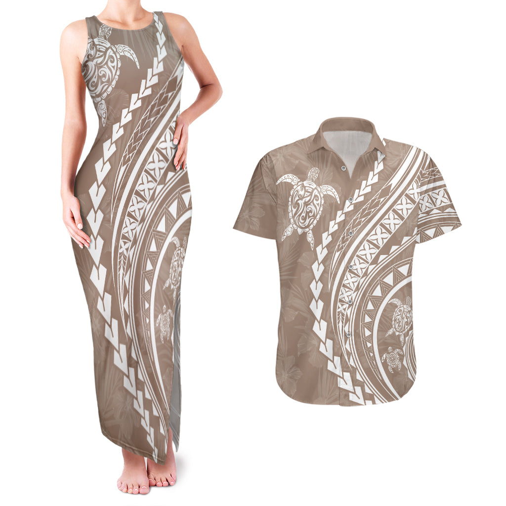 Polynesian Pride Couples Matching Tank Maxi Dress and Hawaiian Shirt Turtle Hibiscus Luxury Style - Beige LT7 Beige - Polynesian Pride
