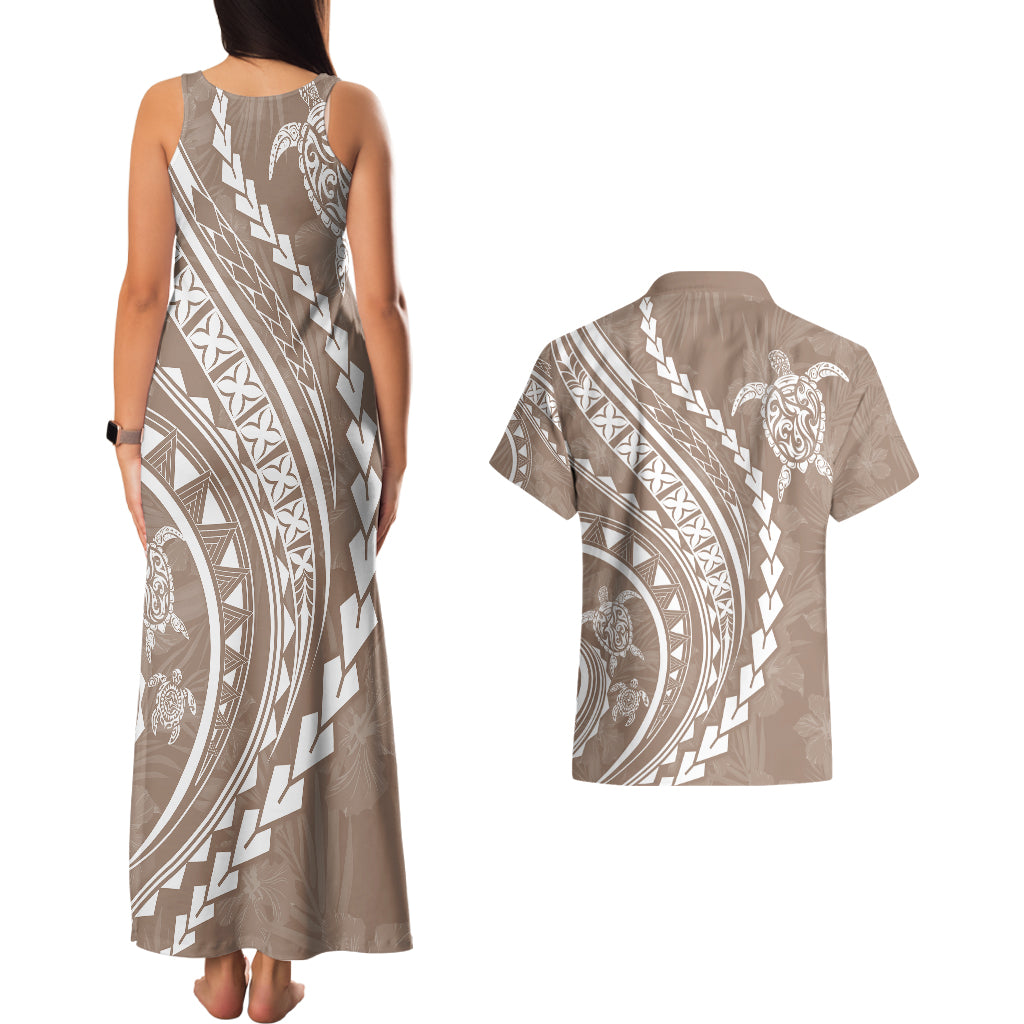 Polynesian Pride Couples Matching Tank Maxi Dress and Hawaiian Shirt Turtle Hibiscus Luxury Style - Beige LT7 - Polynesian Pride