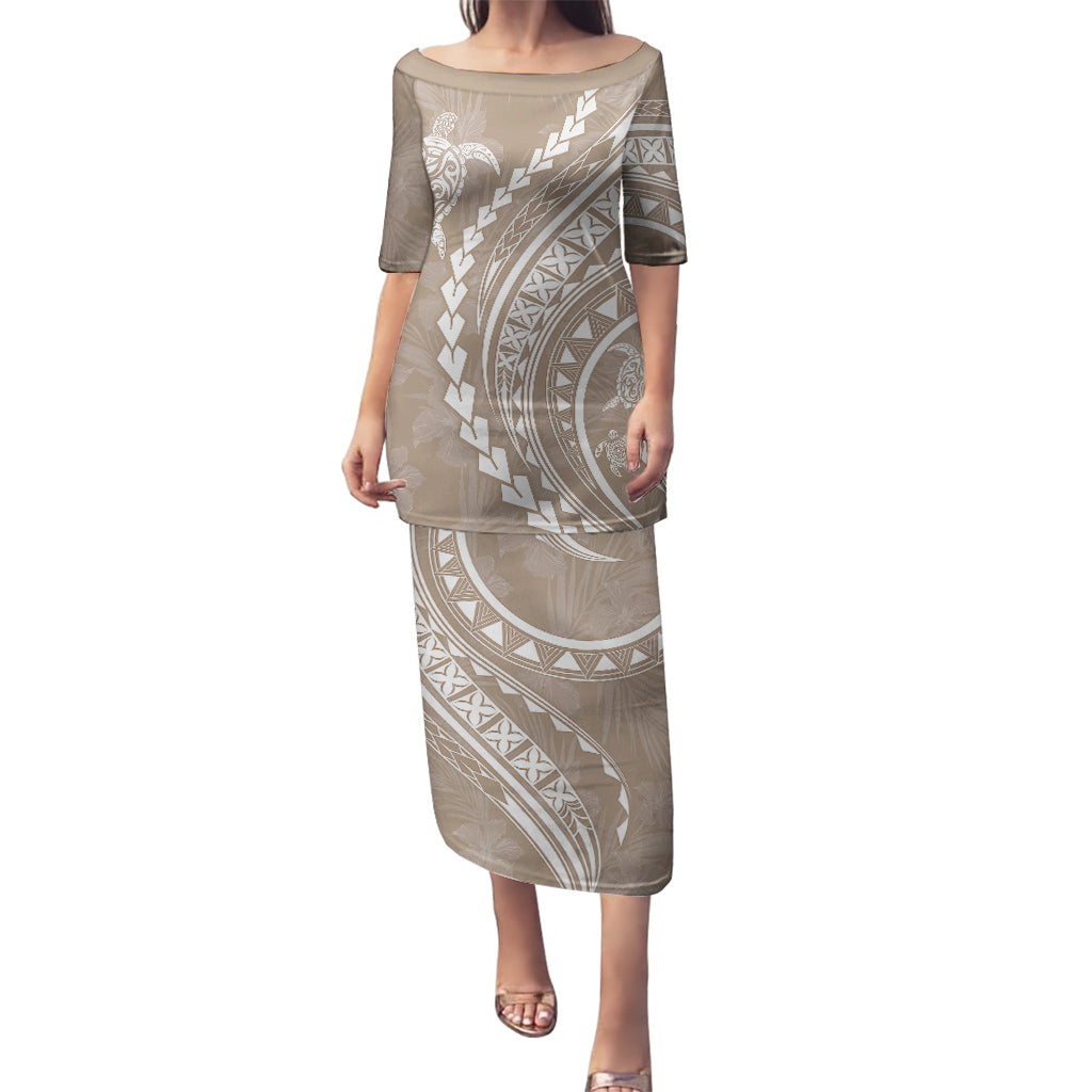 Polynesian Pride Puletasi Turtle Hibiscus Luxury Style - Beige LT7 Long Dress Beige - Polynesian Pride