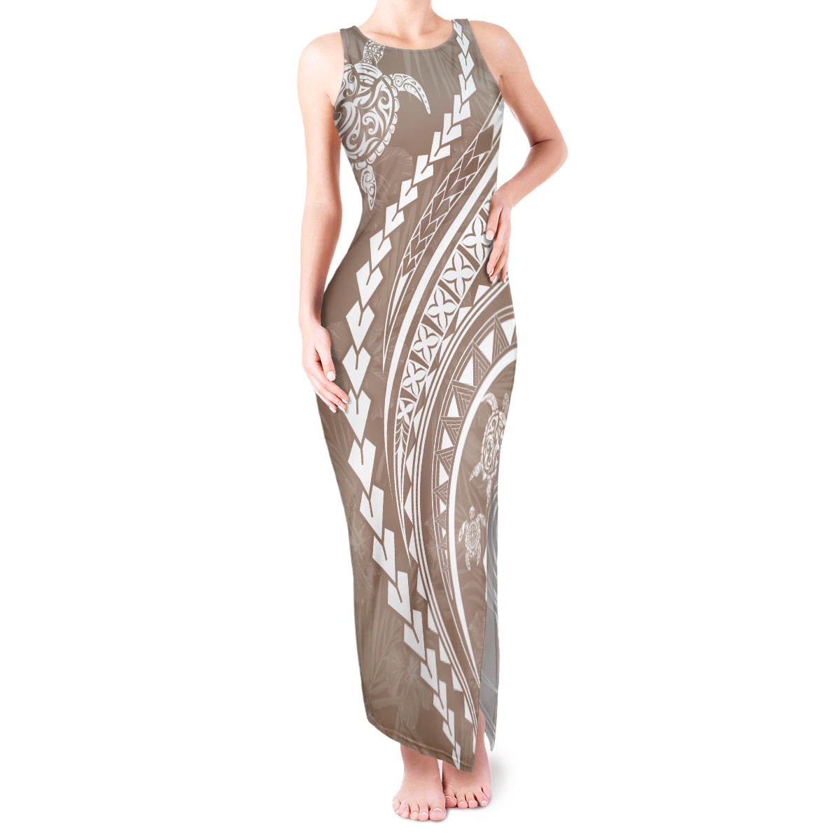 Polynesian Pride Tank Maxi Dress Turtle Hibiscus Luxury Style - Beige LT7 Women Beige - Polynesian Pride