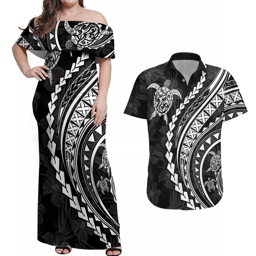 Polynesian Pride Couples Matching Off Shoulder Maxi Dress and Hawaiian Shirt Turtle Hibiscus Luxury Style - Black LT7 Black - Polynesian Pride
