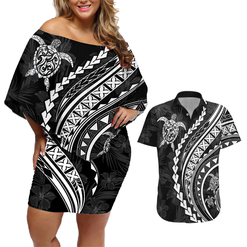 Polynesian Pride Couples Matching Off Shoulder Short Dress and Hawaiian Shirt Turtle Hibiscus Luxury Style - Black LT7 Black - Polynesian Pride