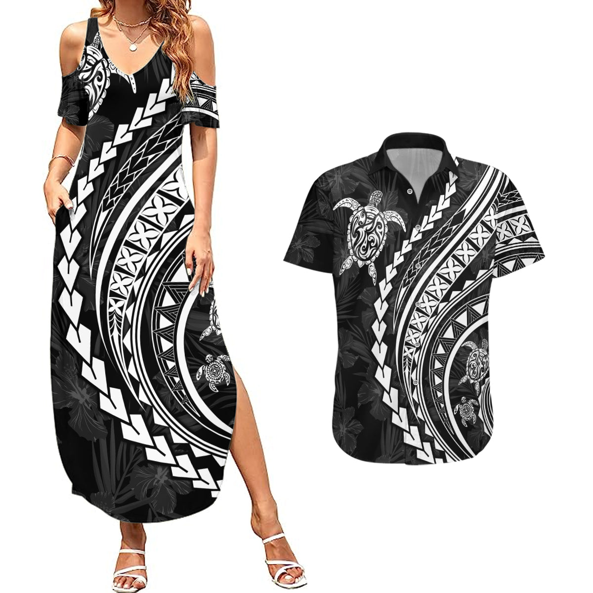 Polynesian Pride Couples Matching Summer Maxi Dress and Hawaiian Shirt Turtle Hibiscus Luxury Style - Black LT7 Black - Polynesian Pride