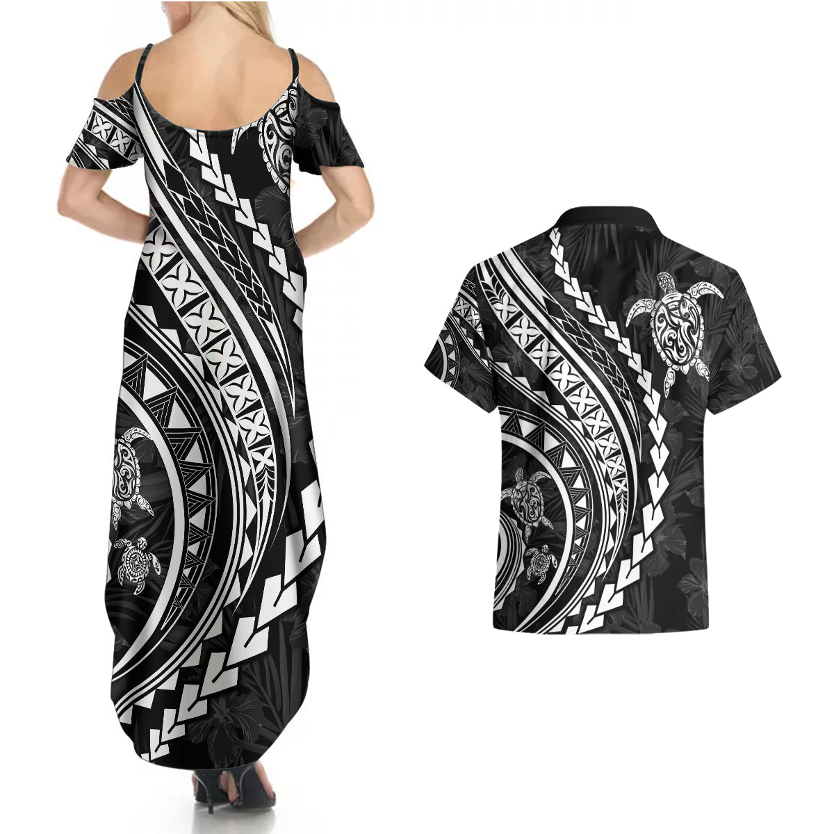 Polynesian Pride Couples Matching Summer Maxi Dress and Hawaiian Shirt Turtle Hibiscus Luxury Style - Black LT7 - Polynesian Pride