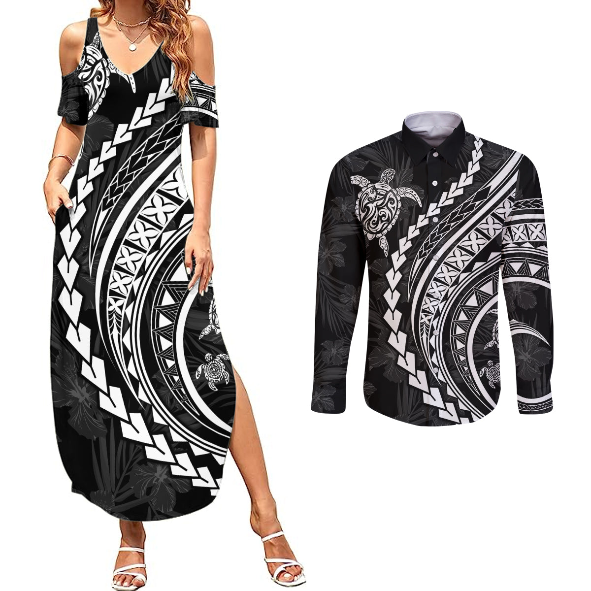 Polynesian Pride Couples Matching Summer Maxi Dress and Long Sleeve Button Shirts Turtle Hibiscus Luxury Style - Black LT7 Black - Polynesian Pride