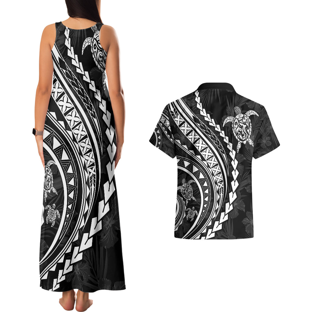 Polynesian Pride Couples Matching Tank Maxi Dress and Hawaiian Shirt Turtle Hibiscus Luxury Style - Black LT7 - Polynesian Pride