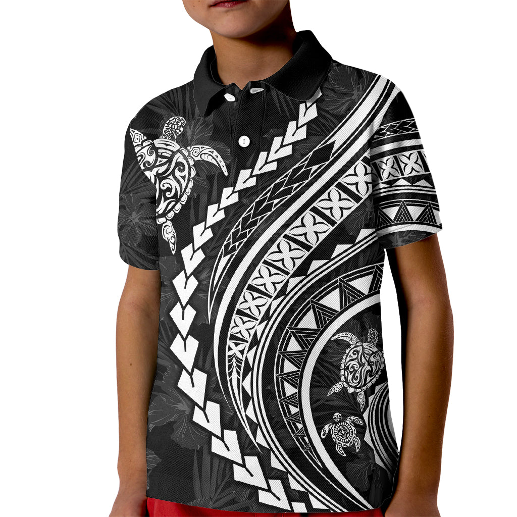 Polynesian Pride Kid Polo Shirt Turtle Hibiscus Luxury Style - Black LT7 Kid Black - Polynesian Pride