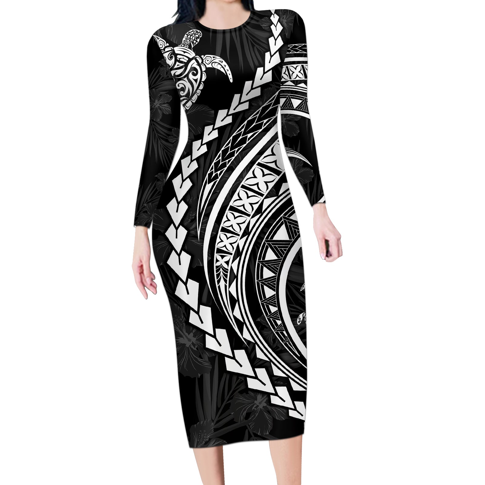 Polynesian Pride Long Sleeve Bodycon Dress Turtle Hibiscus Luxury Style - Black LT7 Long Dress Black - Polynesian Pride