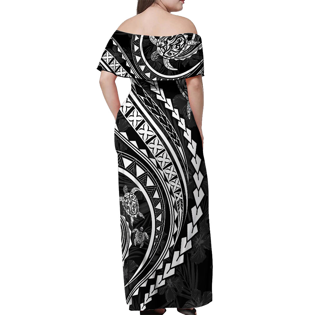 Polynesian Pride Off Shoulder Maxi Dress Turtle Hibiscus Luxury Style - Black LT7 - Polynesian Pride