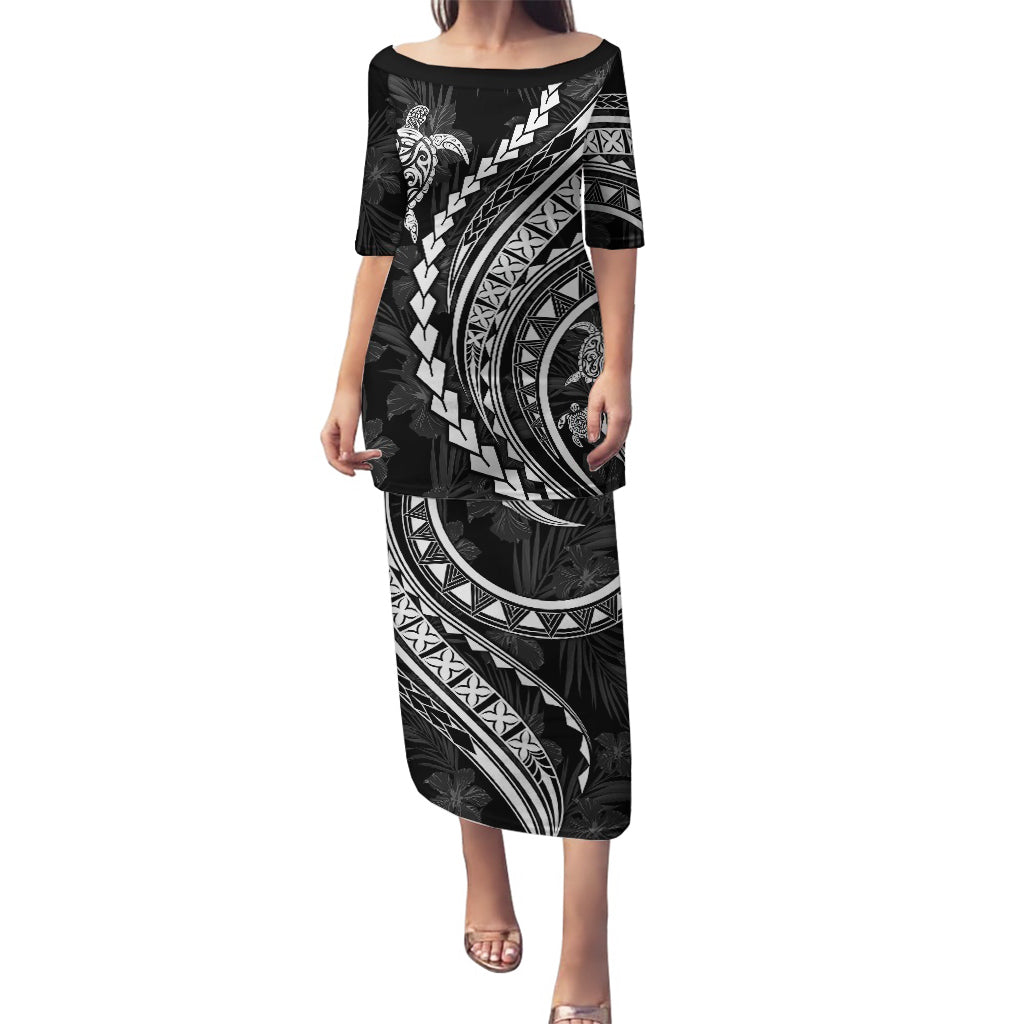 Polynesian Pride Puletasi Turtle Hibiscus Luxury Style - Black LT7 Long Dress Black - Polynesian Pride