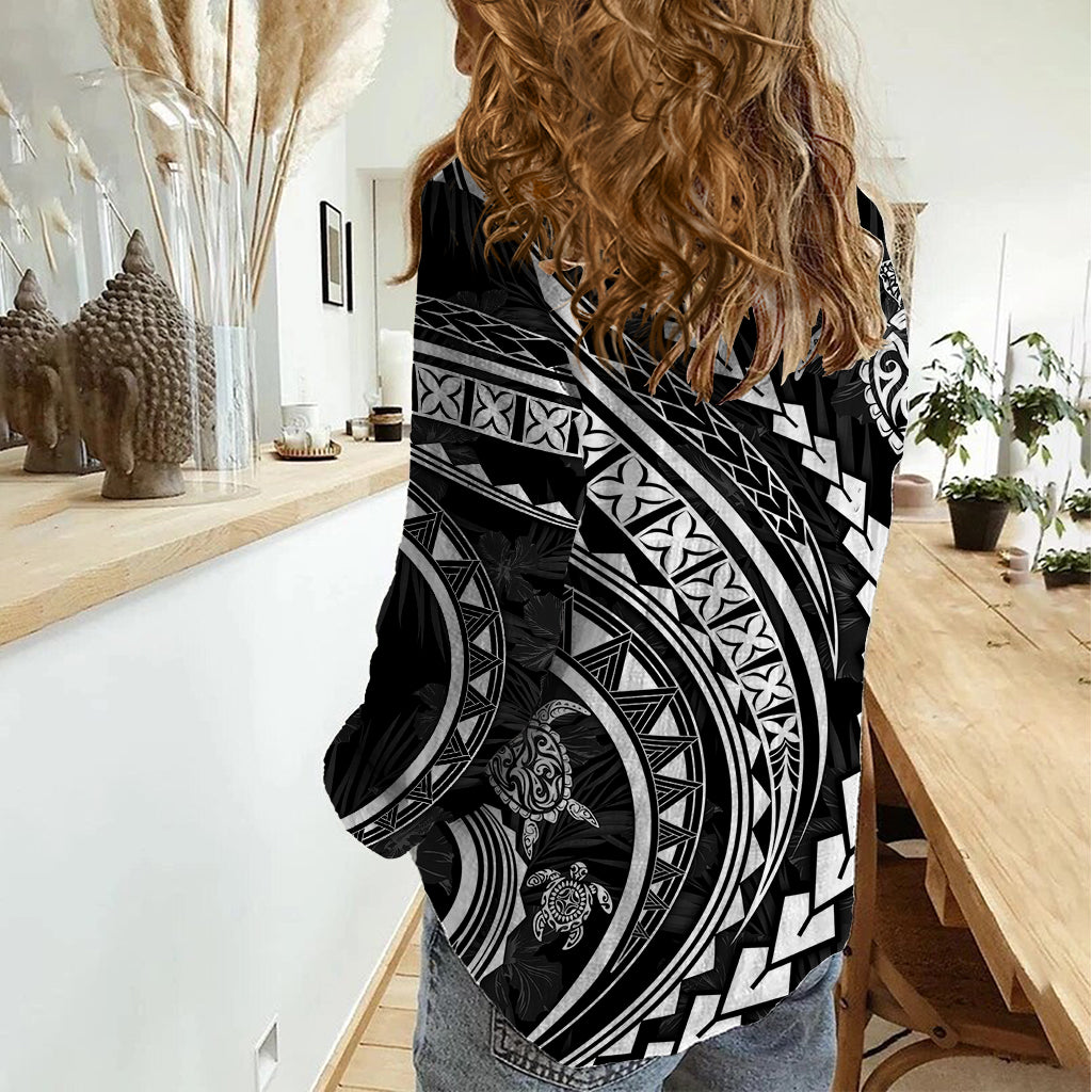 Polynesian Pride Women Casual Shirt Turtle Hibiscus Luxury Style - Black LT7 - Polynesian Pride