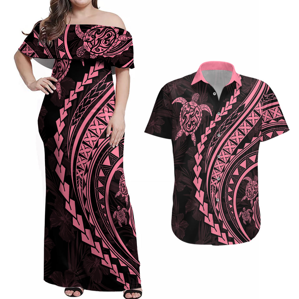 Polynesian Pride Couples Matching Off Shoulder Maxi Dress and Hawaiian Shirt Turtle Hibiscus Luxury Style - Carnation Pink LT7 Carnation Pink - Polynesian Pride