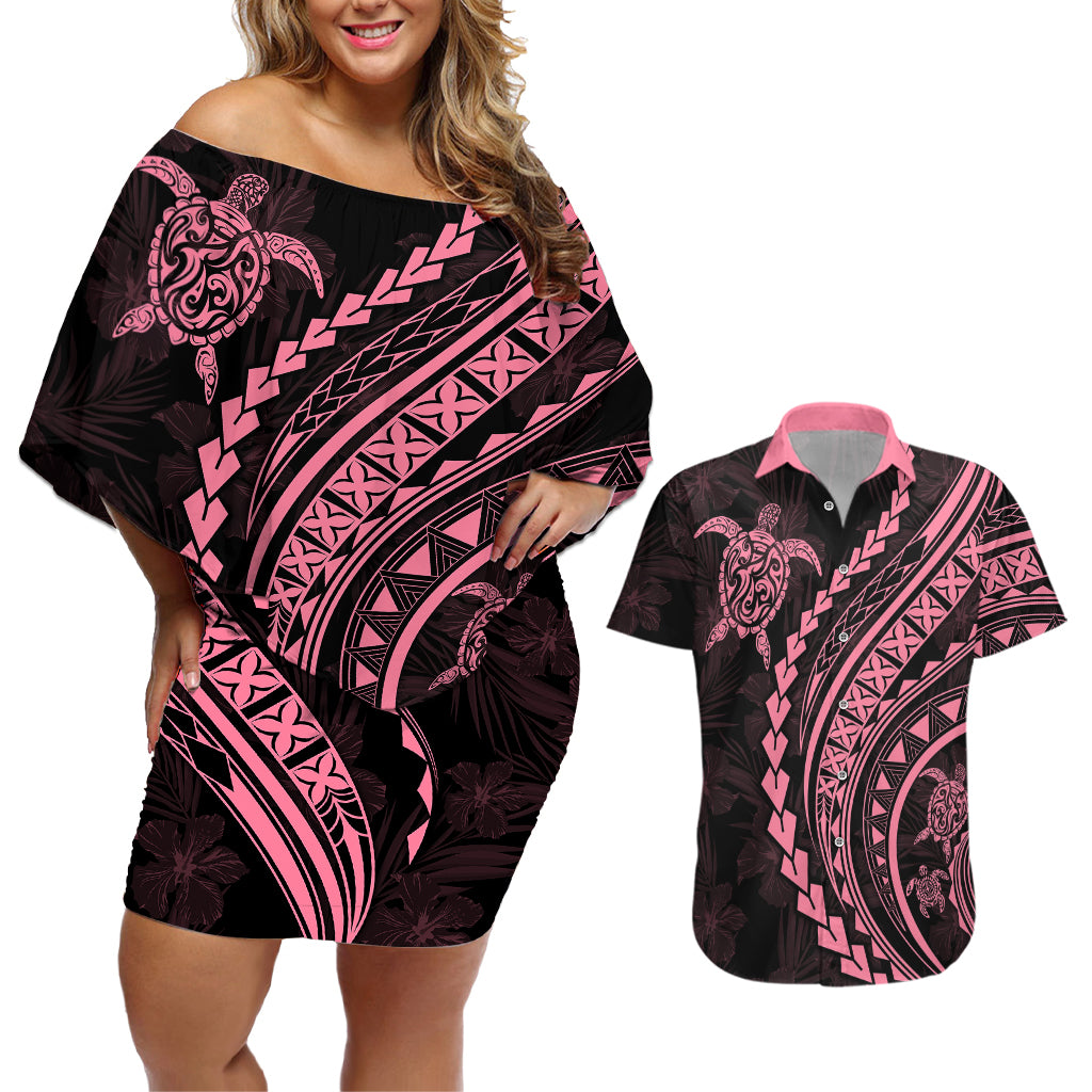 Polynesian Pride Couples Matching Off Shoulder Short Dress and Hawaiian Shirt Turtle Hibiscus Luxury Style - Carnation Pink LT7 Carnation Pink - Polynesian Pride