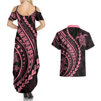 Polynesian Pride Couples Matching Summer Maxi Dress and Hawaiian Shirt Turtle Hibiscus Luxury Style - Carnation Pink LT7 - Polynesian Pride