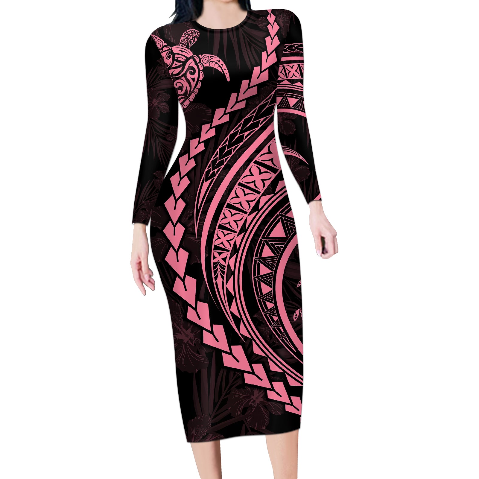 Polynesian Pride Long Sleeve Bodycon Dress Turtle Hibiscus Luxury Style - Carnation Pink LT7 Long Dress Carnation Pink - Polynesian Pride