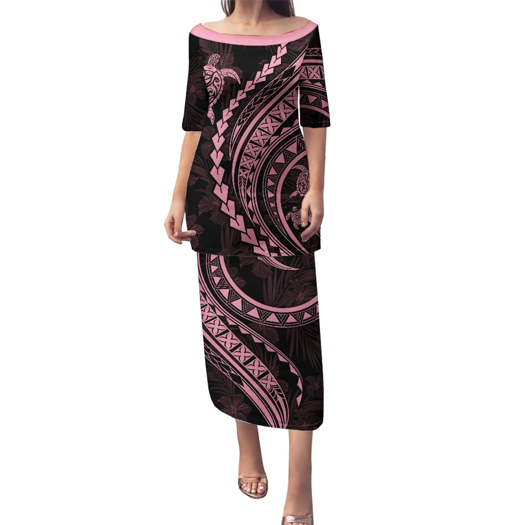 Polynesian Pride Puletasi Turtle Hibiscus Luxury Style - Carnation Pink LT7 Long Dress Carnation Pink - Polynesian Pride