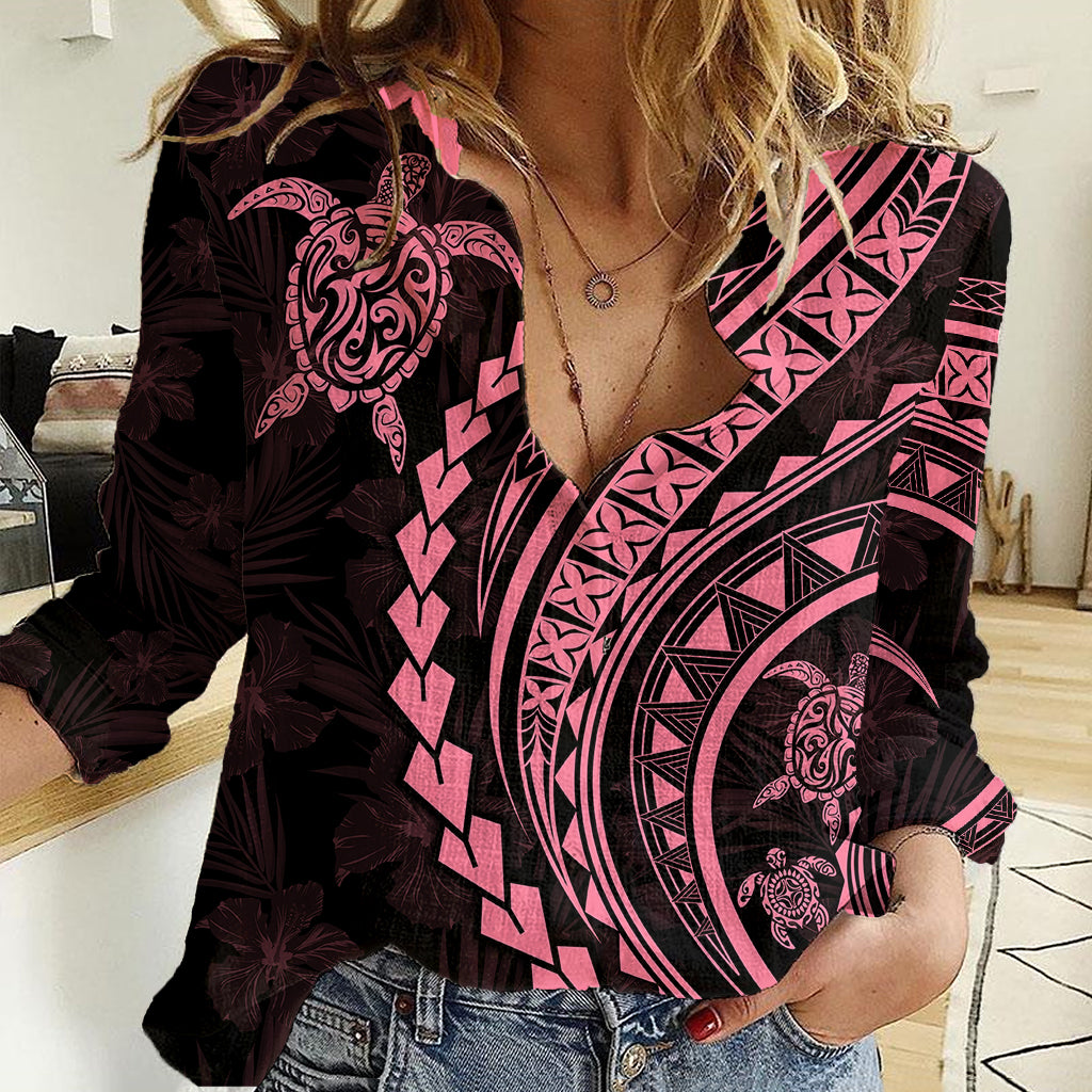 Polynesian Pride Women Casual Shirt Turtle Hibiscus Luxury Style - Carnation Pink LT7 Female Carnation Pink - Polynesian Pride