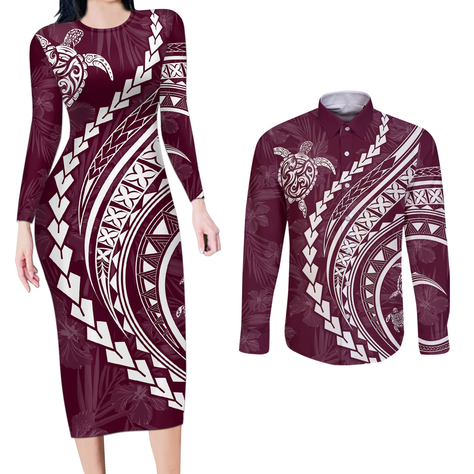 Polynesian Pride Couples Matching Long Sleeve Bodycon Dress and Long Sleeve Button Shirts Turtle Hibiscus Luxury Style - Champagne LT7 Champagne - Polynesian Pride