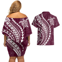 Polynesian Pride Couples Matching Off Shoulder Short Dress and Hawaiian Shirt Turtle Hibiscus Luxury Style - Champagne LT7 - Polynesian Pride