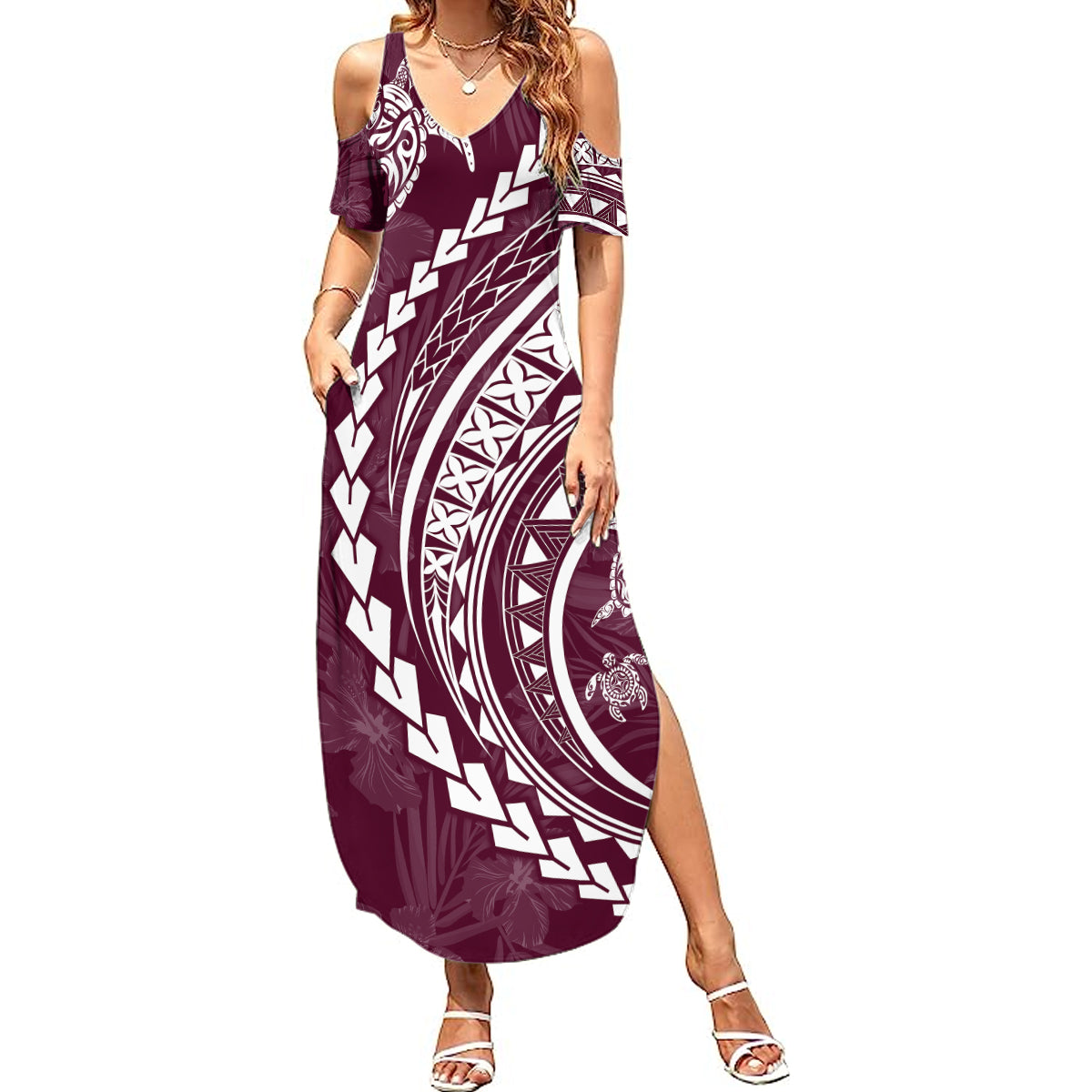 Polynesian Pride Summer Maxi Dress Turtle Hibiscus Luxury Style - Champagne LT7 Women Champagne - Polynesian Pride