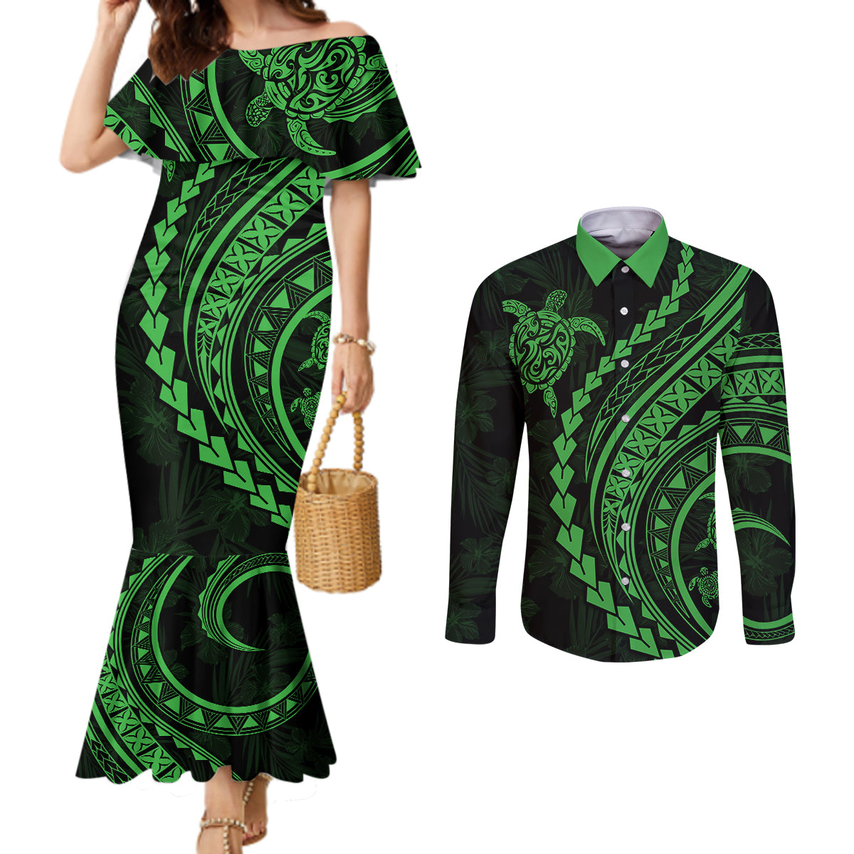 Polynesian Pride Couples Matching Mermaid Dress and Long Sleeve Button Shirts Turtle Hibiscus Luxury Style - Green LT7 Green - Polynesian Pride