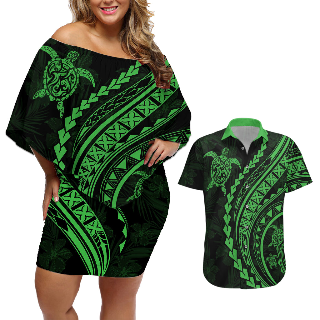 Polynesian Pride Couples Matching Off Shoulder Short Dress and Hawaiian Shirt Turtle Hibiscus Luxury Style - Green LT7 Green - Polynesian Pride