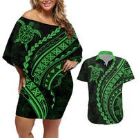 Polynesian Pride Couples Matching Off Shoulder Short Dress and Hawaiian Shirt Turtle Hibiscus Luxury Style - Green LT7 Green - Polynesian Pride