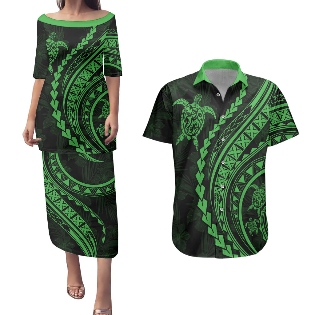 Polynesian Pride Couples Matching Puletasi Dress and Hawaiian Shirt Turtle Hibiscus Luxury Style - Green LT7 Green - Polynesian Pride