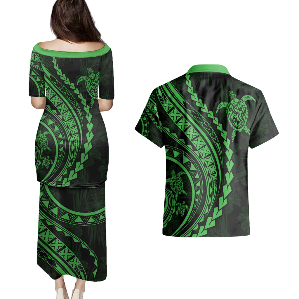 Polynesian Pride Couples Matching Puletasi Dress and Hawaiian Shirt Turtle Hibiscus Luxury Style - Green LT7 - Polynesian Pride