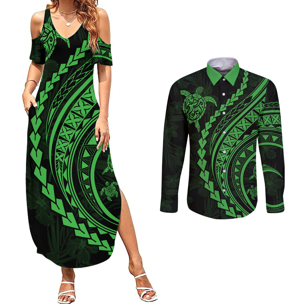 Polynesian Pride Couples Matching Summer Maxi Dress and Long Sleeve Button Shirts Turtle Hibiscus Luxury Style - Green LT7 Green - Polynesian Pride