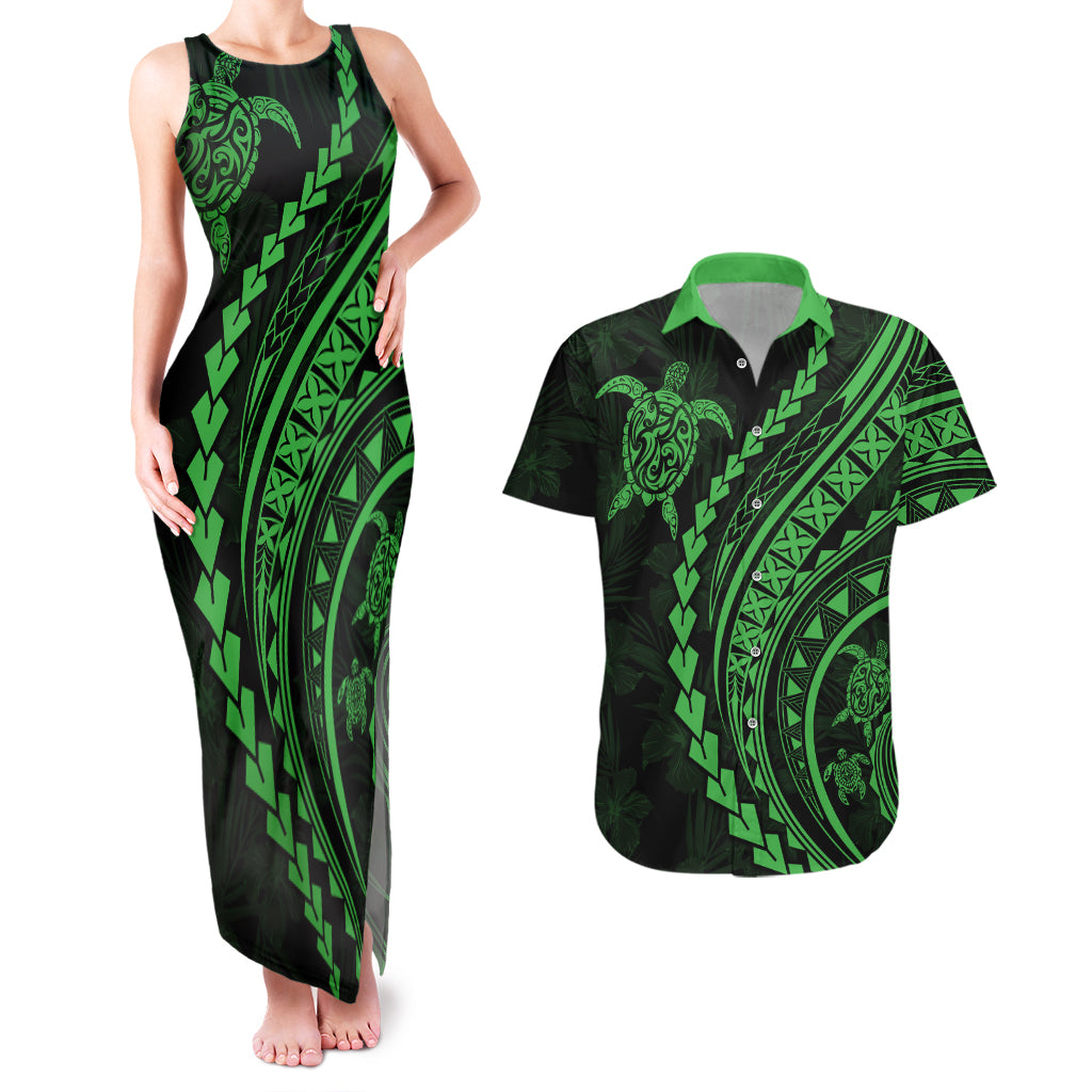 Polynesian Pride Couples Matching Tank Maxi Dress and Hawaiian Shirt Turtle Hibiscus Luxury Style - Green LT7 Green - Polynesian Pride