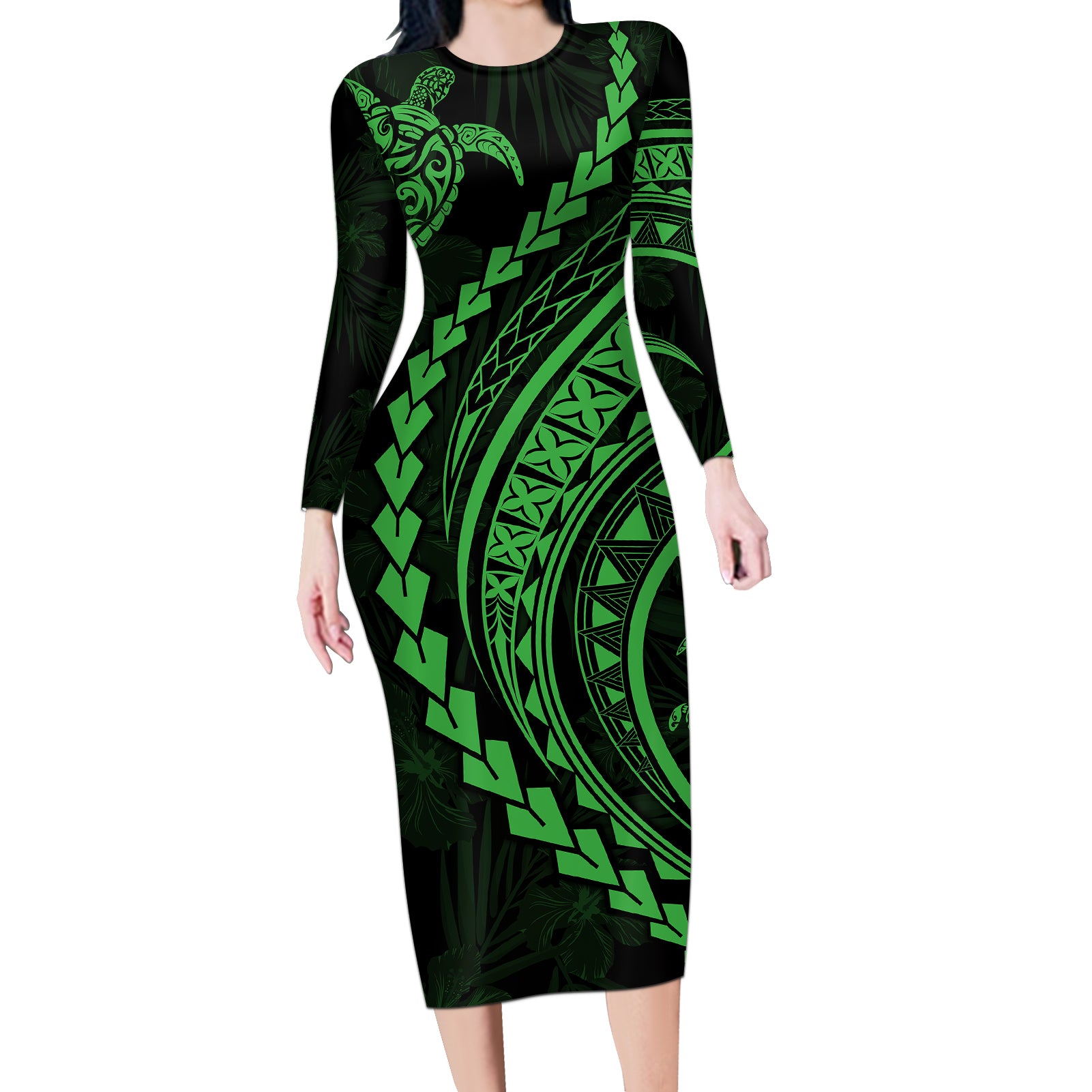 Polynesian Pride Long Sleeve Bodycon Dress Turtle Hibiscus Luxury Style - Green LT7 Long Dress Green - Polynesian Pride